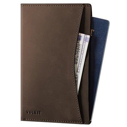 VULKIT Passport Cover Ultra Slim Design Leather Passport Sleeve RFID Blocking with 2 Card Slots, Anti-Theft Travel Essentials - color: Espresso