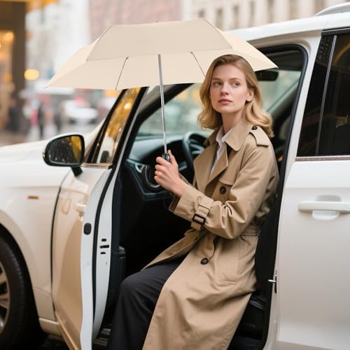 Mini Flat Umbrella Automatic Compact Travel Rain Pocket Purse 42/46 Inch - color: Beige, size: 42inch