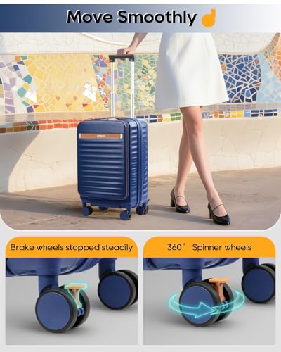 Joyway 20 Inch Carry On Luggage with Front Pocket and Cup Holder, Blue - color: Blue, size: 20 Inch