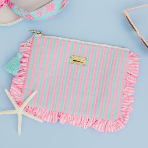 Lilly Pulitzer Quilted Ruffle Zipper Pouch, Pink & Blue Stripe - color: Stripe