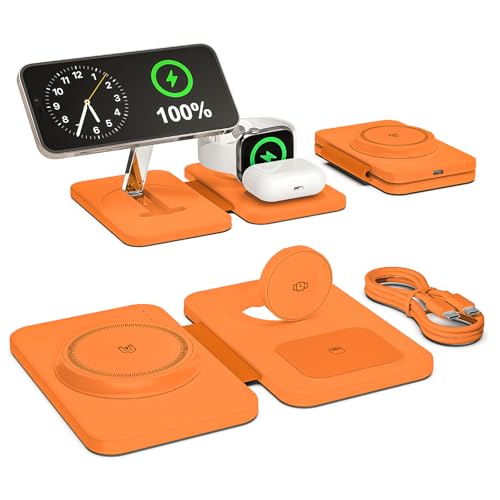3 in 1 Magnetic Wireless Charger for Apple Multiple Devices, Foldable Fast Charging Station - Magsafe Charger Stand, Travel Charger Pad for iPhone 17 16 15 14 13 12 Series/Apple Watch/AirPods Orange - size: Orange