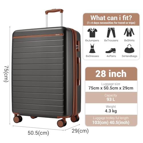 Kono Large Suitcase 28in Expandable ABS+PC 8pcs Silent Wheels Grey/Brown - color: Grey, size: Checked-Large 28-Inch
