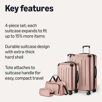 Amazon Basics 4-Piece Luggage Set, Hardside Spinner Suitcases with Multidirectional Wheels (22" Carry-On and 28" Checked), Plus 15-inch Tote Bag and 10-inch Compact Travel Bag, Rose Gold - color: Rose Gold, size: 4-Piece Luggage Set