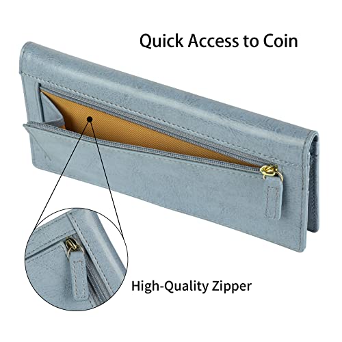 Lavemi Ultra Slim Thin Leather Women Wallet RFID Blocking Credit Card Holder Bifold Long Ladies Billfold - color: 1-waxed Light Blue