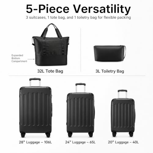 YOETEY Lightweight Hardshell Luggage Set, 20/24/28 Inch, 5 Piece - color: Black, size: 5-Piece Luggage Set