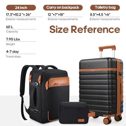 UKEIN Luggage Sets 3 Piece, 24in Checked Luggage With Travel Backpack - color: Black, size: 3 piece set (24inch)