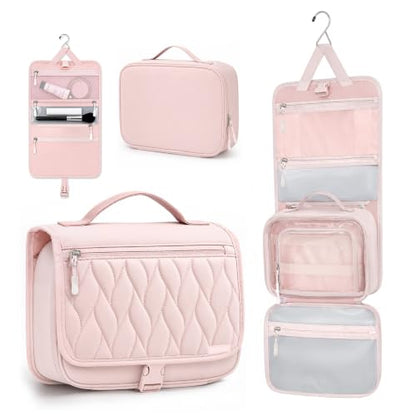 TOPEAST Quilted Travel Toiletry Bag for Women,Detachable Hanging Makeup Bag - color: Pink