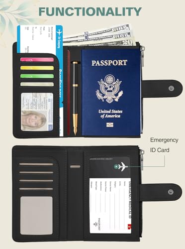 RFID Passport Holder for Travel, Leather Passport Cover Travel Wallet - color: Black