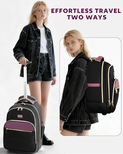 Arcoyard Rolling Backpack for Women, 17.3 Inch Travel Backpack with Wheels - color: Black Purple, size: 17.3-inch