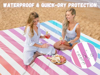 AlphaBeing Beach Blanket Waterproof Sandproof, Extra Large Beach Mat - color: Purple Stripes, size: 120“×108”