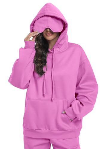 SeSe Code Travel Hoodie with Eye Mask Sleep Unisex Oversized Sweatshirt for Airplane, Road Trip Naps Fleece Couples Hoodies - color: Pink, size: Medium