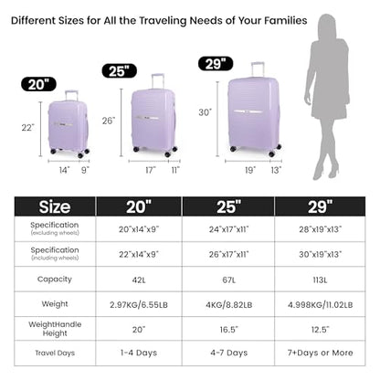 3-Piece Set(20/25/29in),Luggage w/TSA LOCK,Expandable 20% - color: Lavender, size: 3-Piece Set (20"/25"/29'')