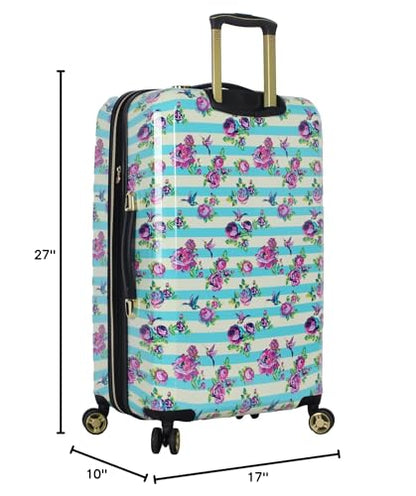 Betsey Johnson 26 Inch Checked Luggage Collection - Expandable Scratch Resistant (ABS + PC) Hardside Suitcase - Designer Lightweight Bag with 8-Rolling Spinner Wheels (Stripe Floral Hummingbird) - color: Stripe Floral Hummingbird