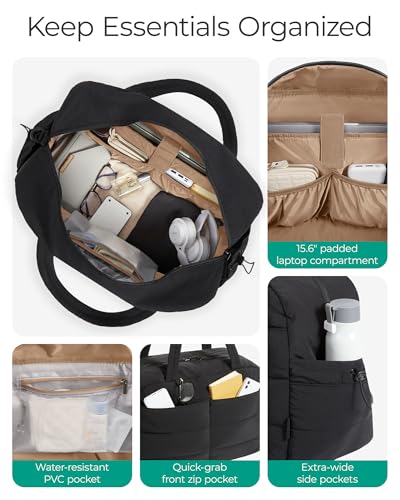 BAGSMART Gym Bag for Women, 2-PC Puffer Travel Duffle Bag Carry On Tote Bag - color: Black