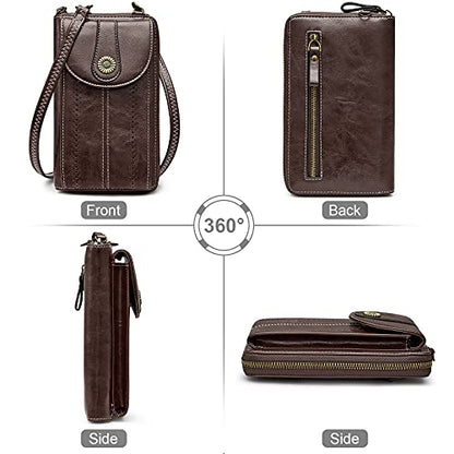 S-ZONE Women RFID Blocking Crossbody Cell Phone Purse PU Leather Wallet - color: Coffee