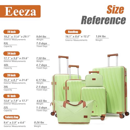Eeeza Luggage Sets 6 Piece Suitcases (LightGreen,16"/20"/24"/28") - color: Light Green, size: 6 Piece Sets (16/20/24/28/DB/TB)