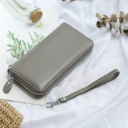 Moflycom Womens Wallet RFID Blocking Genuine Leather Zip Clutch Wristlet - color: Grey
