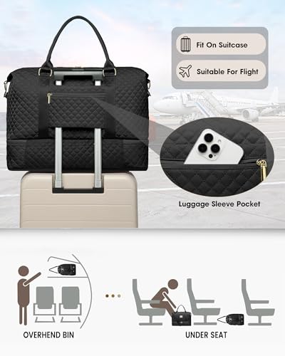 Weekender Travel Duffle Bag for Women: Overnight Bags with Shoe Compartment - color: 1-Black, size: Large