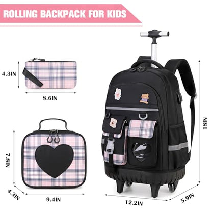 ACESAK 3PCS Rolling Backpack for Girls Children, Girls Backpack with Wheels - color: Black