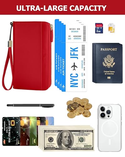 Large Wallet for Women, Clutch Wallet with Passport Holder - color: Red