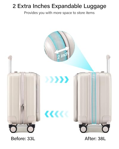 Hanke Top Opening Carry-On - Expandable 16 Inch Airline Approved Spinner - color: Ivory White, size: 16 Inch Expandable