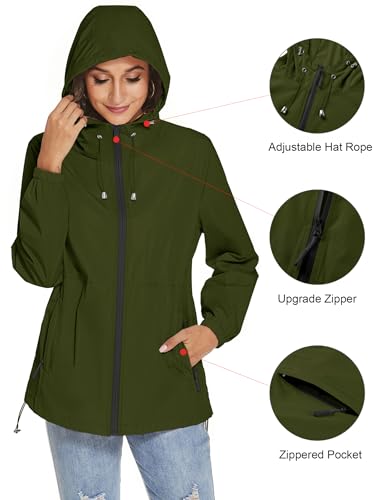 TCOT Womens Rain Jackets Waterproof Windbreaker Jackets lightweight Portable Rain Coat - color: Army Green, size: 3X-Large