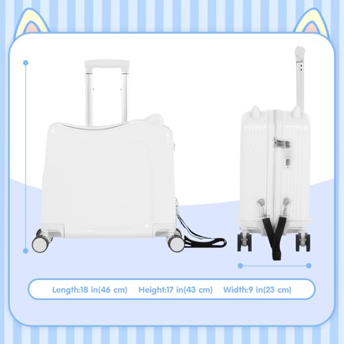 20" Kids Ride-On Suitcase with Rope, Carry-On Luggage with TSA Lock - color: White
