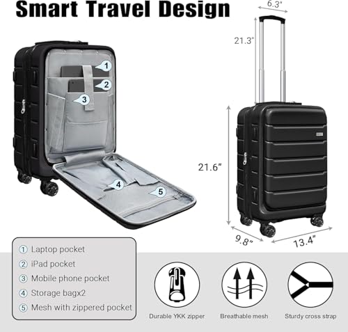 KEYTANG SmileLine 20 inch Carry-On, Lightweight Hardside Suitcase, Expandable Small Suitcase with Front Pocket, Black - color: Black, size: 666-Carry-on