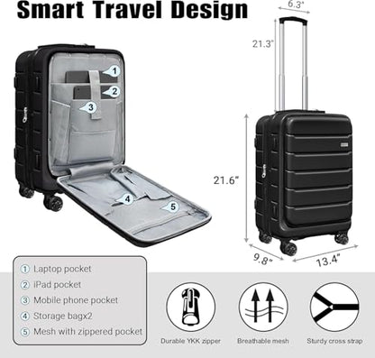 KEYTANG SmileLine 20 inch Carry-On, Lightweight Hardside Suitcase, Expandable Small Suitcase with Front Pocket, Black - color: Black, size: 666-Carry-on