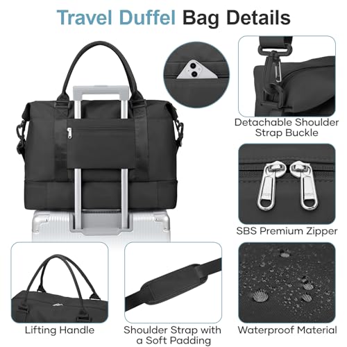 Weekender Bags for Women, Personal Item Travel Bag with Shoes Compartment - color: A-Black with Air Pump, size: Large