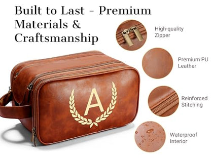 OXYEFEI Personalized Gifts for Men, Personalized Large Toiletry Bag for Men,Custom PU Leather Waterproof Mens Toiletry Travel with Initial Essential Dopp Kit Shaving Bag (B, Light Brown) - color: Light Brown, style: B