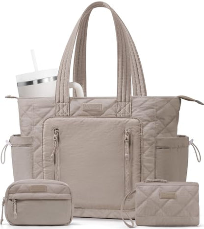 Bagstellar Puffer Tote Bag for Women, Lightweight Puffy Work Laptop Handbag - color: Oatmeal