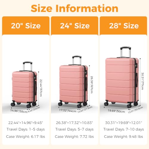 NEWBULIG 3 Piece Expandable Luggage Set, Hard Shell Suitcase, Pink - color: Pink, size: 3-PCS Set (20/24/28 Inch)