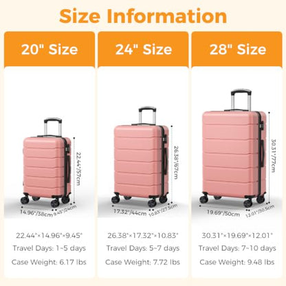 NEWBULIG 3 Piece Expandable Luggage Set, Hard Shell Suitcase, Pink - color: Pink, size: 3-PCS Set (20/24/28 Inch)