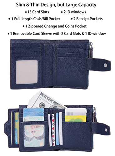 Women's RFID Blocking Leather Small Compact Bi-fold Zipper Pocket Wallet Card Case Purse with id Window - color: Lichee Navy Blue