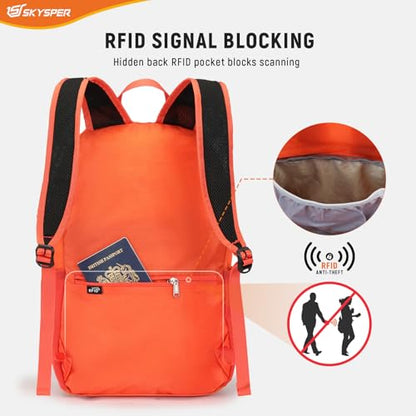 SKYSPER Small Packable Hiking Backpack 20L Anti-theift Travel Daypack | RFID Ultralight Foldable Walking Backpack with Water Bottle Holder, Nylon, Multi-compartment, Everyday Carry for Men Women - color: Orange