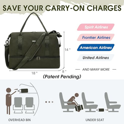 WANDF Personal Item Travel Bag, Carry On Weekender Bag for Women - color: Dark Green