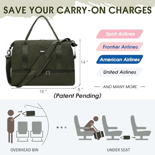 WANDF Personal Item Travel Bag, Carry On Weekender Bag for Women - color: Dark Green