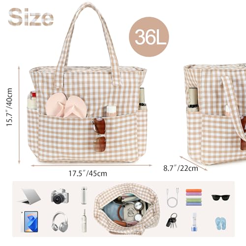 Bluboon Beach Bags for Women, Large Waterproof Tote Bag With Wet Compartment for Pool Weekender Travel Gym - color: Brown White Checkered-1