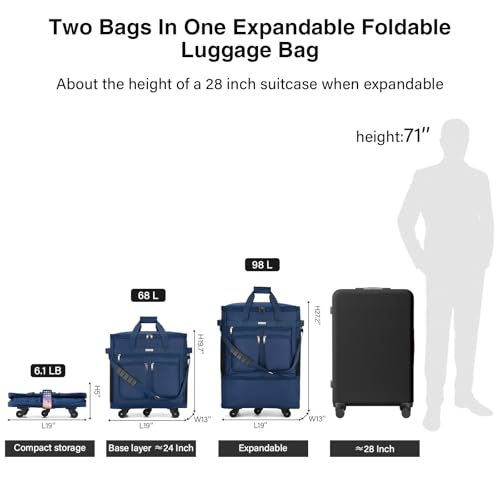 MILADA Expandable Checked Luggage Collapsible Duffle Bag 68L-98L, Blue - color: Blue