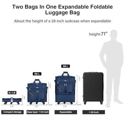 MILADA Expandable Checked Luggage Collapsible Duffle Bag 68L-98L, Blue - color: Blue