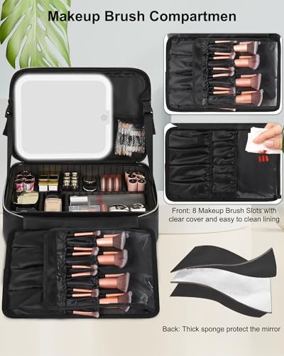 Chomeiu Makeup Bag with LED Mirror, Travel Cosmetic Bag with Shoulder Strap - color: 01-Black, size: Medium
