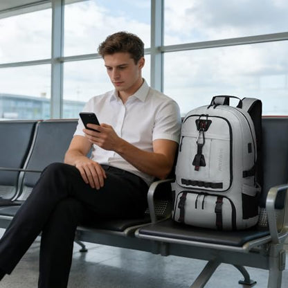 Travel Backpack with Shoe Compartment 45L TSA Carry on Fits 18.4" - color: Expandable Light Grey