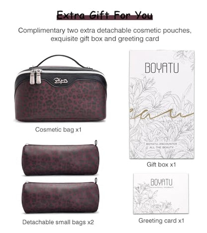 BOYATU Travel Makeup Bag Organizer: 3 Pcs Leopard Cometic Bag Set for Women - color: A-Leopard-Red