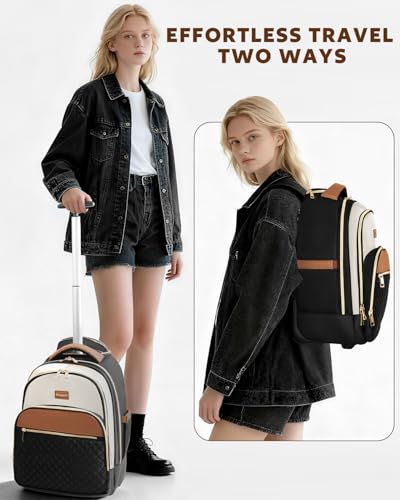 Arcoyard Rolling Backpack for Women, 15.6 Inch Travel Backpack with Wheels - color: Black Beige Brown, size: 15.6-inch