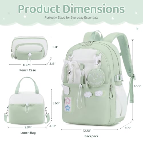 DIGOBAY Backpack for Girls, 5PCS School Bookbag with Lunch Box Pencil Case - color: Green