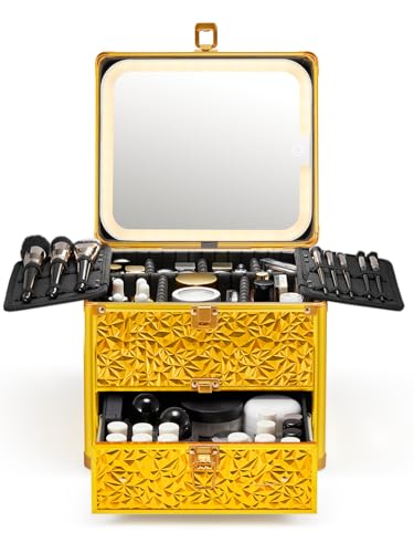 Qislee Makeup Box with Detachable Magnetic LED Mirror, Travel Train Case - color: Bling Gold, size: Large