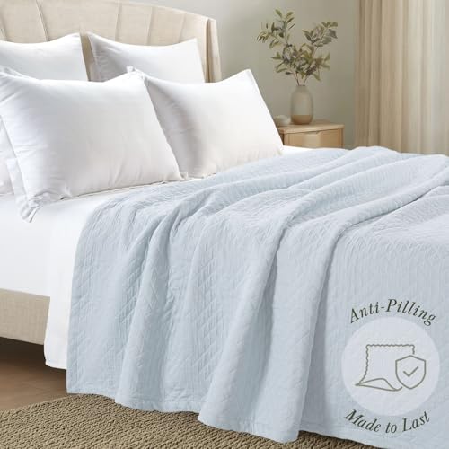 Threadmill Cotton Queen Coverlet Blanket, Jacquard, Light Blue, 90x92 - color: Classic Light Blue, size: Queen / Full