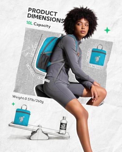 WATERFLY Small Packable Travel Backpack: 10L Ultra-Light Daypack for Adults - color: Peacock Blue