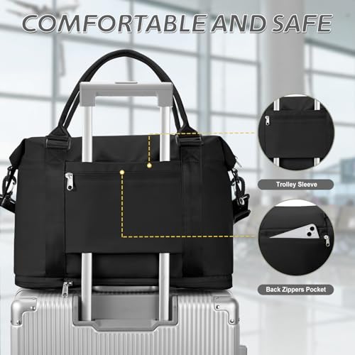 Travel Duffel Weekender Bag Women Tote Carry On Bags With Shoe Compartment - color: A-Black, size: M